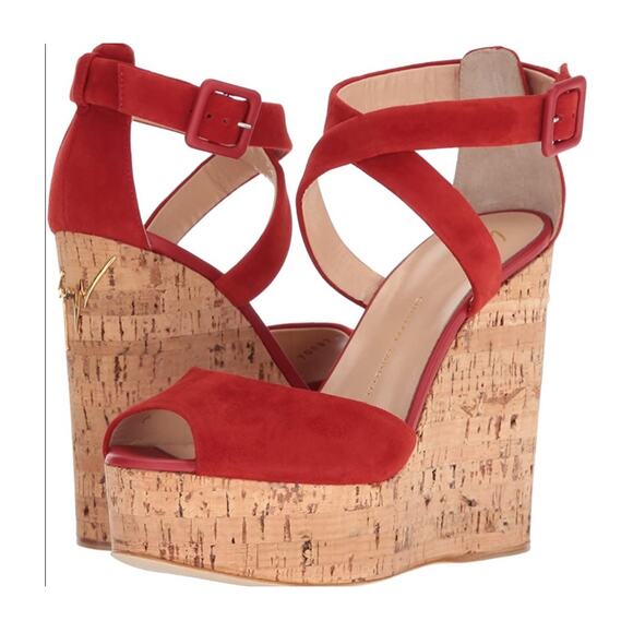 GIUSEPPE ZANOTTI Wedge Heel Shoes Women's 37.5 Red Suede Cork Strap Sexy $579